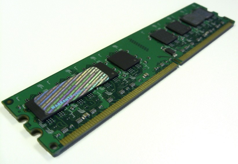 Green printed circuit board memory module with black chips, featuring one 1 GB DDR2 667 MHz memory stick, designed for computer memory upgrades.