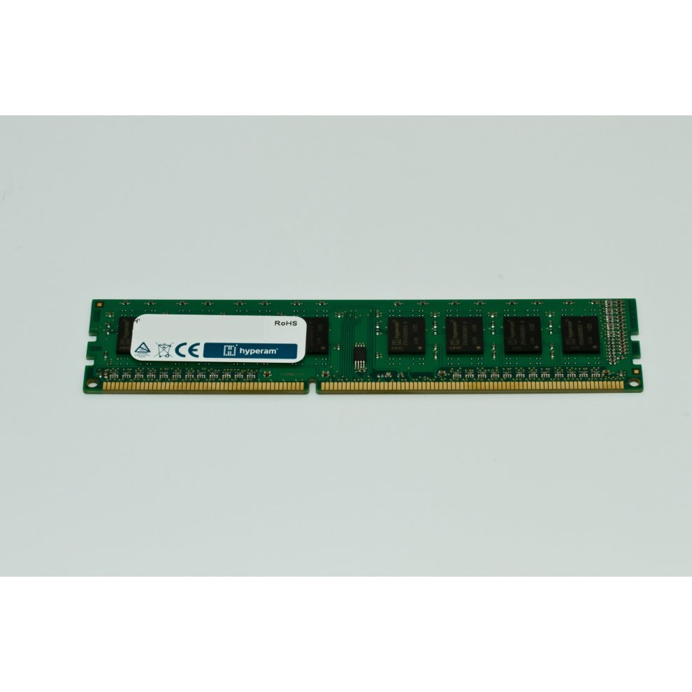 Green printed circuit board memory module with four black memory chips and a white label, featuring the Hypertec logo and specifications, designed for DDR3 240-pin DIMM slots.