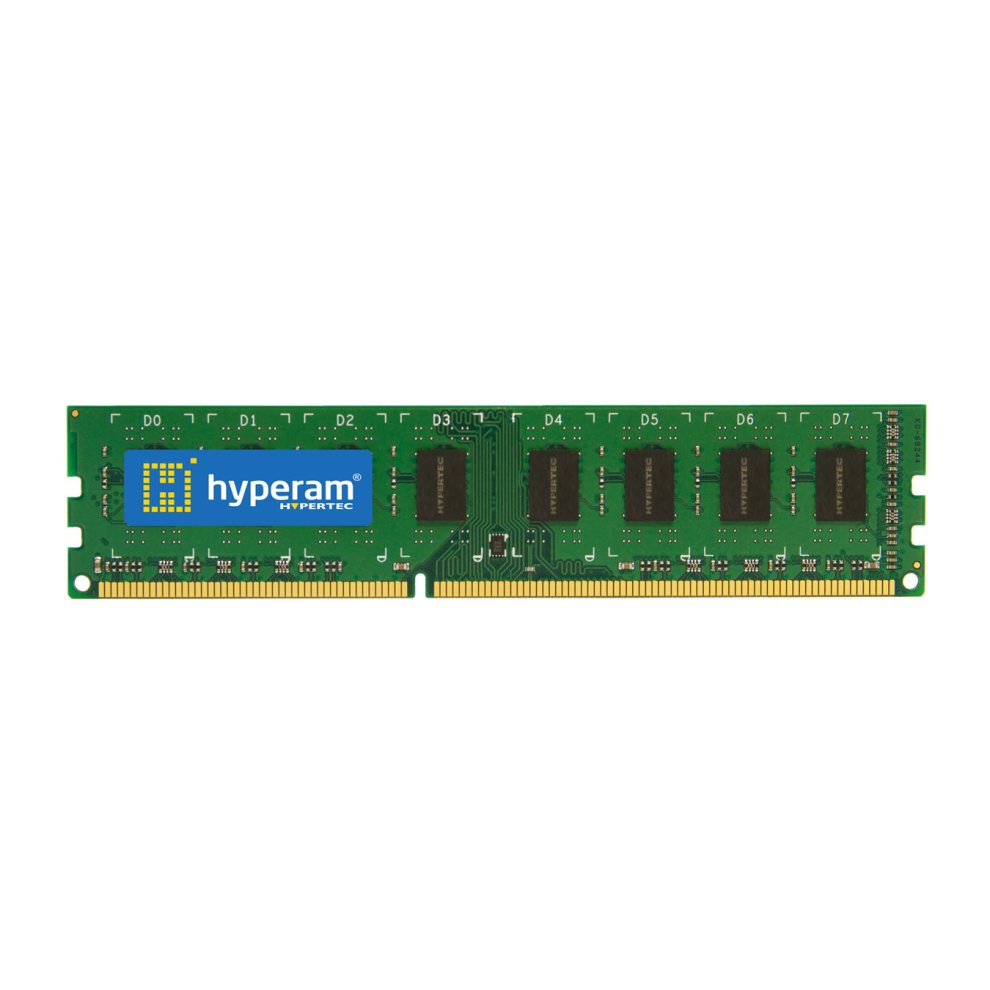 Green printed circuit board memory module with eight black memory chips, featuring a blue and yellow "hyperam" logo, designed for DDR3 240-pin DIMM ECC.