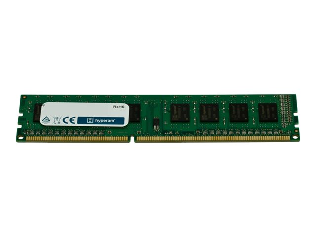 Green printed circuit board memory module with a white label, featuring six black memory chips, and gold connectors at the bottom, labeled as Hypertec HYU31625682GBOE, 2 GB DDR3 1600 MHz.