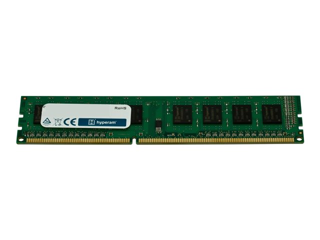Green circuit board memory module with six black chips, labeled "Hypertec" and "RoHS," featuring a 240-pin connector for DDR3 compatibility.