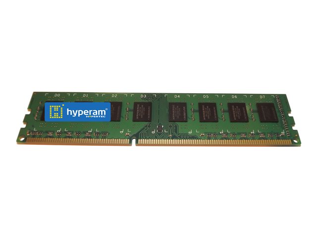 Green circuit board with eight black memory chips, labeled D0 to D7, and a gold connector edge, featuring the Hypertec logo in blue and yellow.