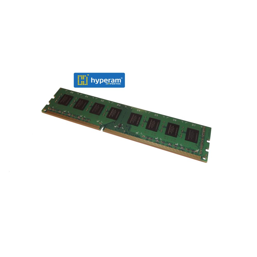 Green circuit board memory module with eight black memory chips, labeled with numbers, and a gold connector edge; features Hypertec branding at the top.