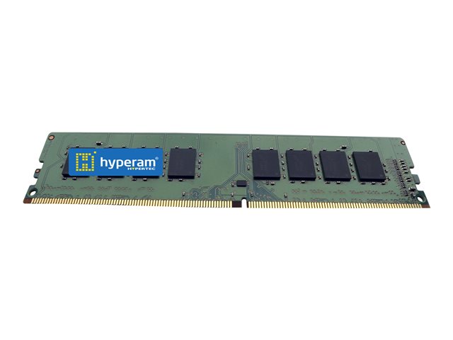 Hypertec HYU42151288GBOE memory module in green PCB with a blue and yellow Hypertec logo, featuring six black memory chips and gold connectors, rated 8 GB DDR4 at 2133 MHz.
