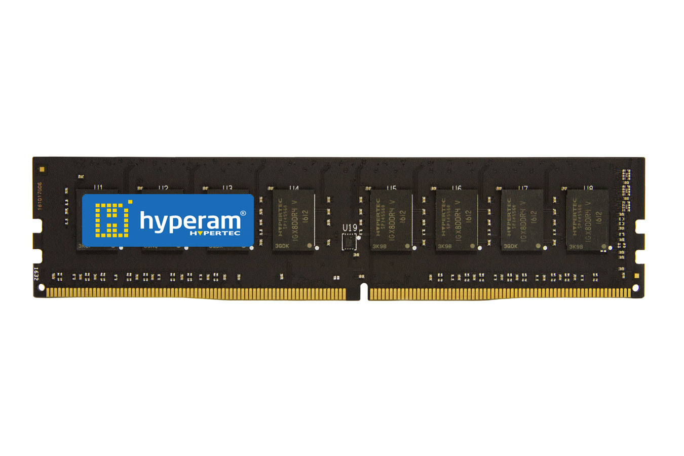 Black memory module with gold connectors, featuring eight memory chips and a blue and yellow Hypertec logo on the label, labeled as 8 GB DDR4 2400 MHz.
