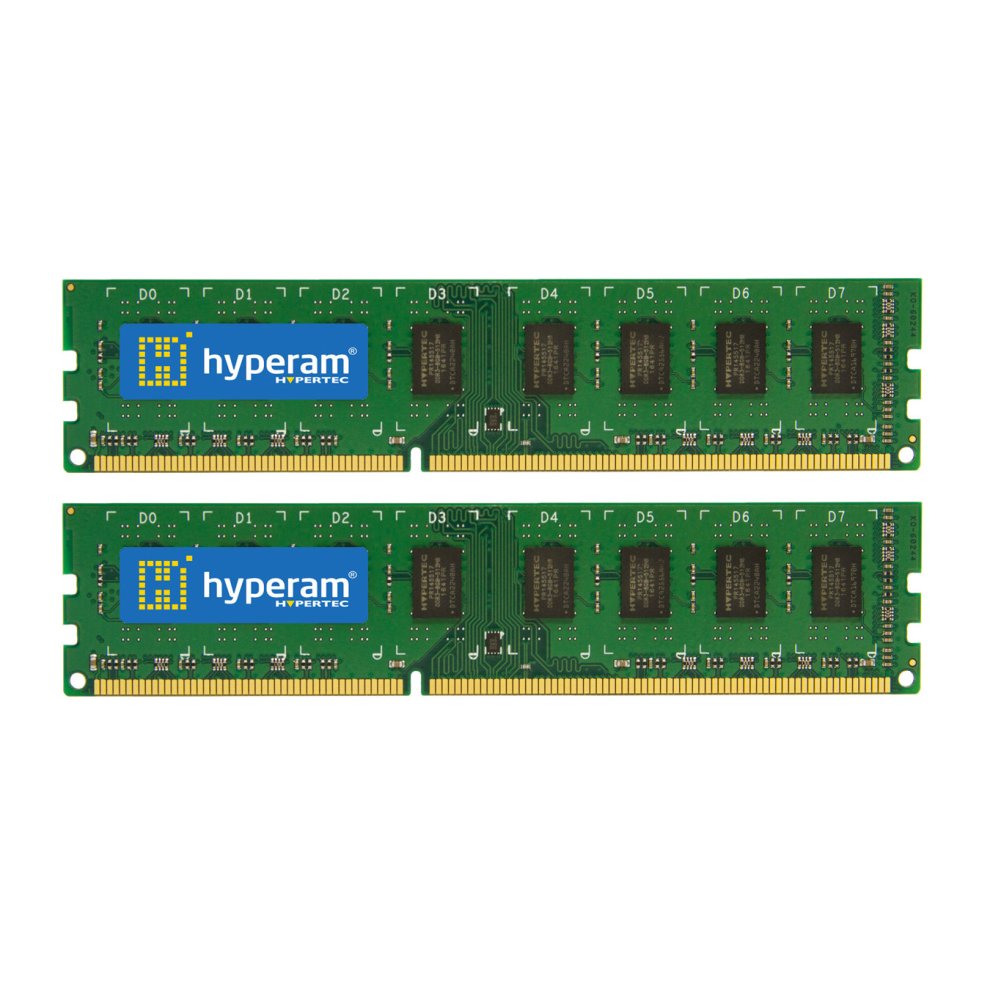 Green printed circuit board with two 8 GB DDR3 240-pin DIMM memory modules, featuring black memory chips and a blue Hypertec logo.