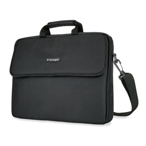 Black laptop bag with a padded exterior, a front flap, dual handles, and an adjustable shoulder strap, featuring a sleek design and the Kensington logo on the front.