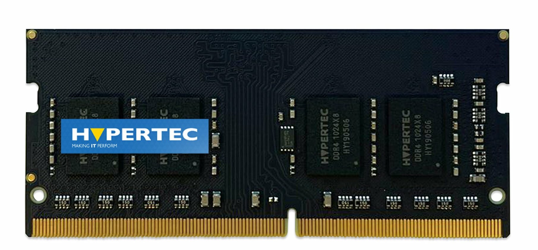 Black PCB with four memory chips, gold connector pins, and a prominent blue and white "HYPERTEC" logo, labeled as 8GB DDR4 2400MHz 1Rx8 Sodimm 260pin.