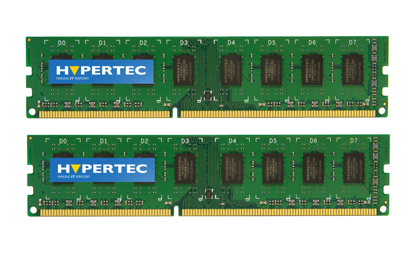Green circuit board memory module featuring two 2 GB DDR3 chips, labeled "HYPERTEC," with gold connectors and eight memory chips visible on each stick.
