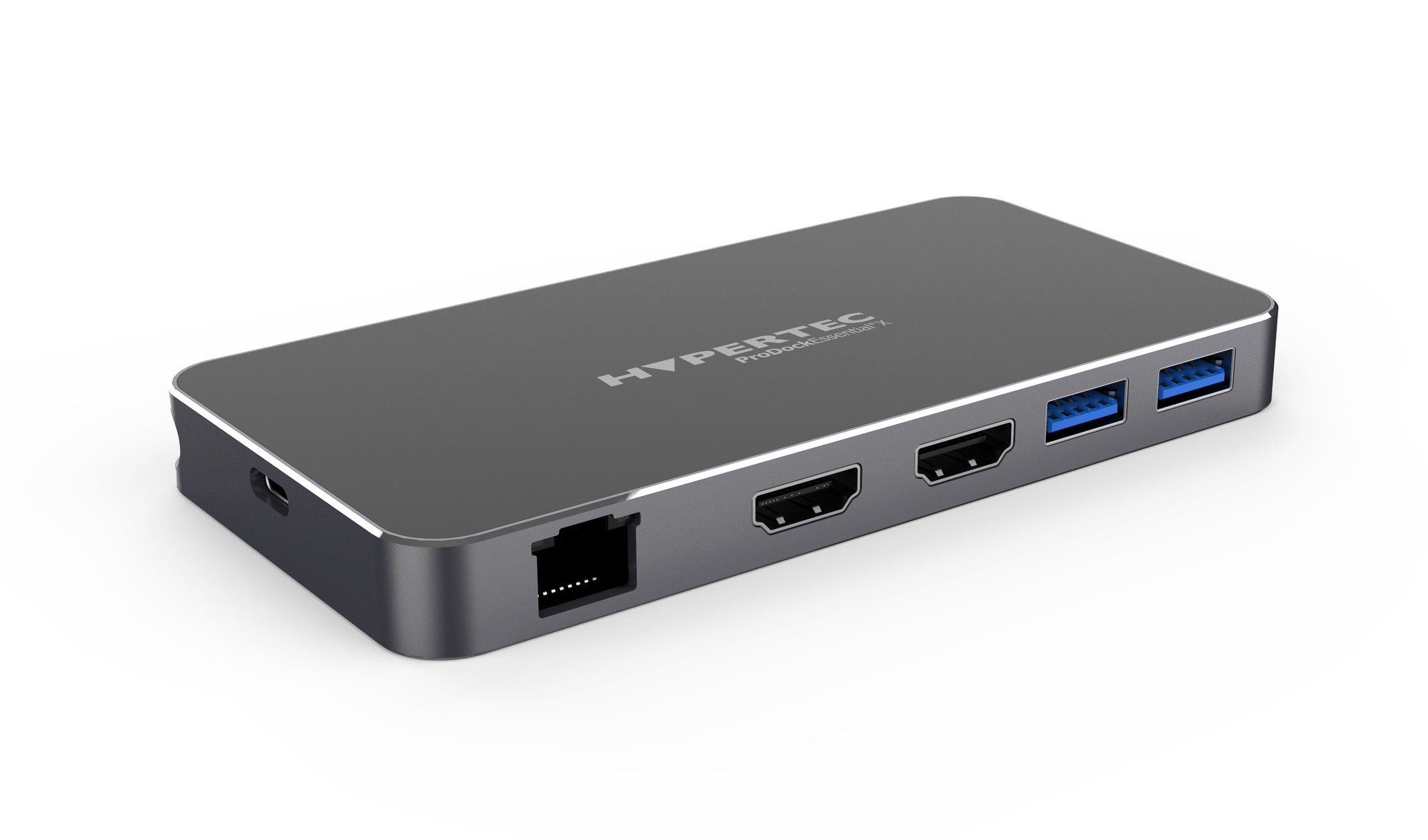 Sleek gray Hypertec ProDock Essential X USB-C dock featuring dual HDMI ports, two USB 3.0 ports, and an Ethernet port, designed for versatile connectivity.