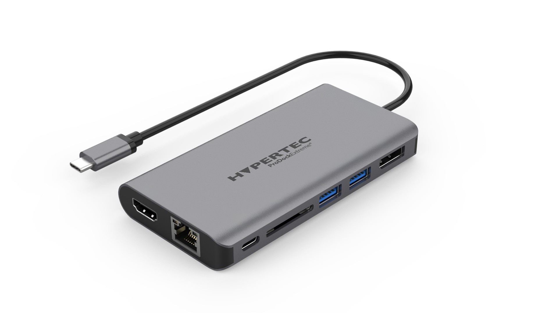 Gray USB-C dock featuring HDMI, Ethernet, multiple USB ports, and an SD card slot, with a connected USB-C cable for easy connectivity.