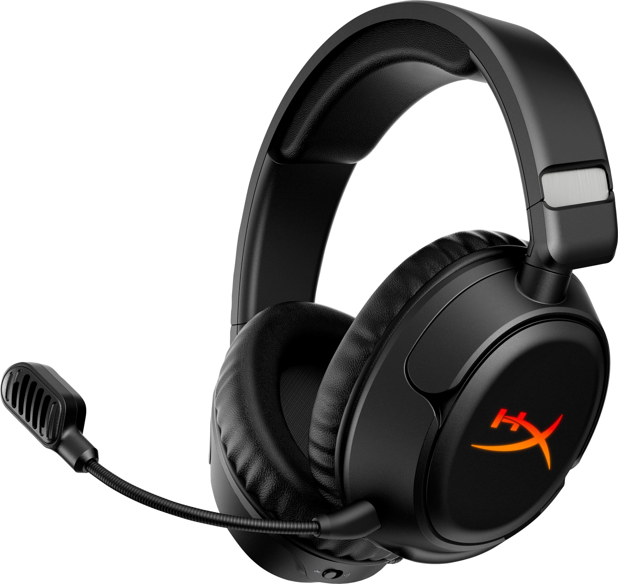 Black wireless gaming headset with plush ear cushions, adjustable headband, and a detachable microphone featuring the HyperX logo in red on the ear cup.