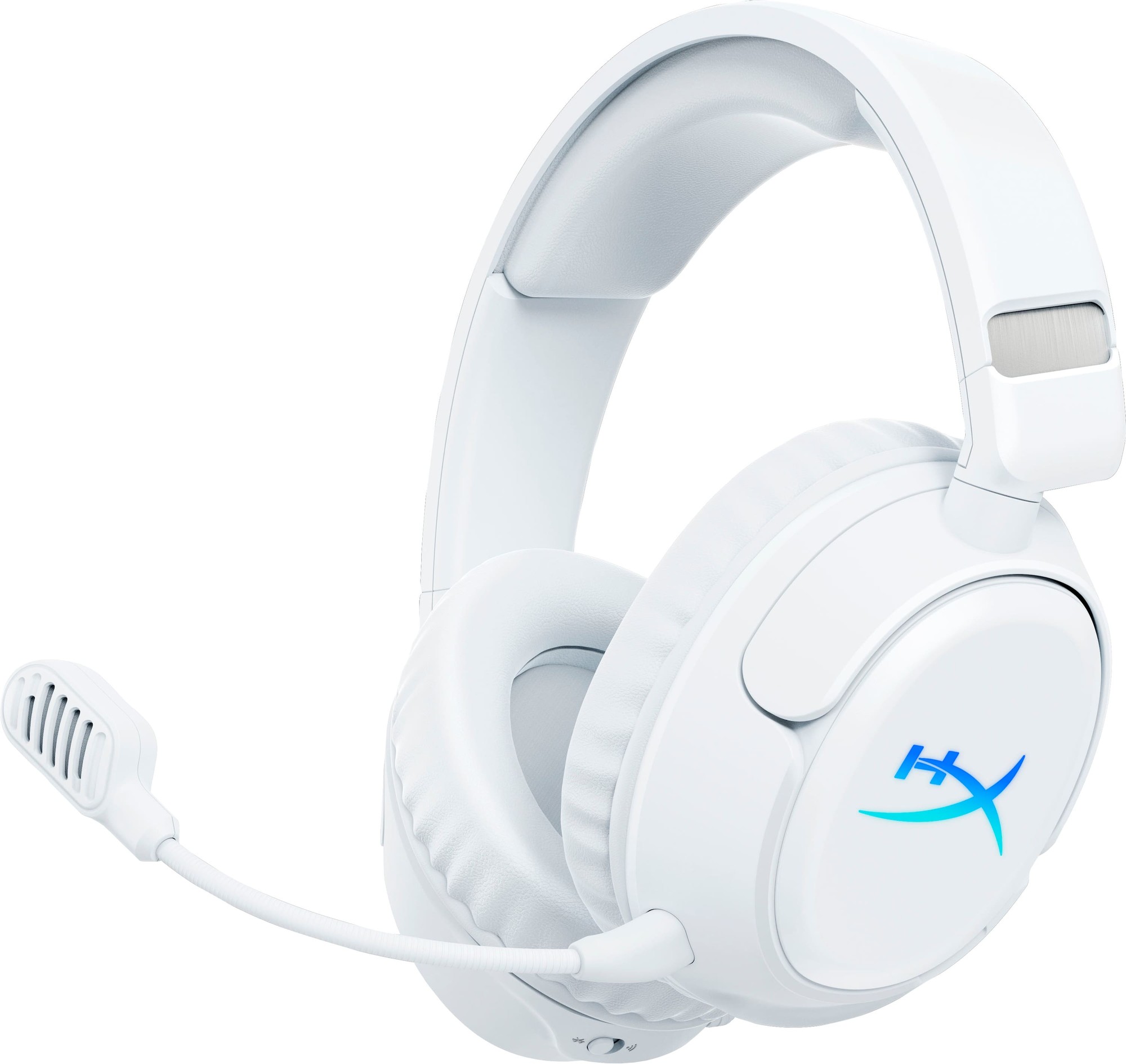 White wireless gaming headset with plush ear cushions, adjustable headband, detachable microphone, and illuminated HyperX logo on the ear cup.