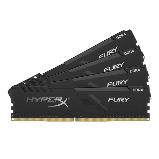 Four black HyperX FURY DDR4 memory modules, each 8 GB, featuring a sleek design with a prominent HyperX logo and gold connectors, arranged in a staggered formation.