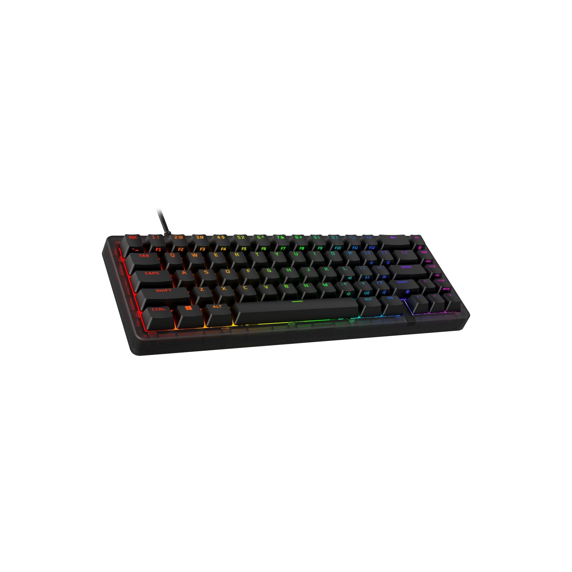 Compact black mechanical keyboard with customizable RGB backlighting, featuring a 65% layout and tactile keys, designed for gaming and typing efficiency.