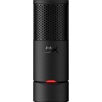 Black HyperX Solocast 2 microphone with cylindrical design, mesh top, and red LED indicator.