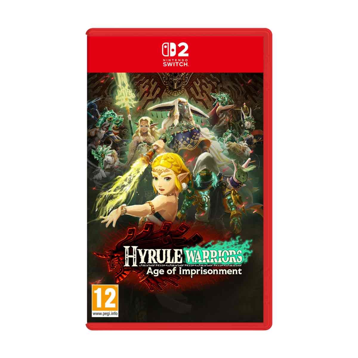 Hyrule Warriors: Age of Imprisonment for Switch 2 features a vibrant red case, with a striking cover art showcasing Link and Zelda amidst a fantasy backdrop, and includes a double-sided poster.