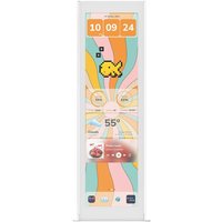 White HYTE midi tower computer case with vertical display, colorful interface, and digital pet graphic.