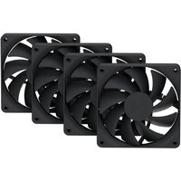Black HYTE computer cooling fans, 12 cm, square frame, set of 4, with curved blades.