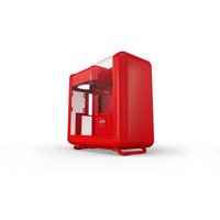 Red HYTE X50 mid tower case with clear side panel, rounded edges, and front ventilation design.
