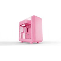 Pink HYTE X50 mid tower case with rounded edges, transparent side panel, and white interior accents.