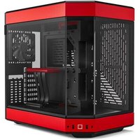 Black and red HYTE Y60 Midi Tower with tempered glass panels and ventilated side, showcasing internal components.