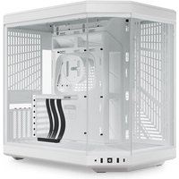 White HYTE Y70 Midi Tower with clear panels, mesh sides, and front I/O ports, showcasing a sleek, modern design.