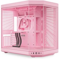 Pink HYTE Y70 Milk Midi Tower with transparent panels, USB ports, and spacious interior for PC components.