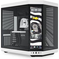 Black and white HYTE Y70 Touch Infinite Midi Tower with glass panels and digital display on the front.