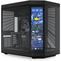 Black HYTE Y70 touch infinite Midi Tower with transparent side panel and front digital display showing time and weather.