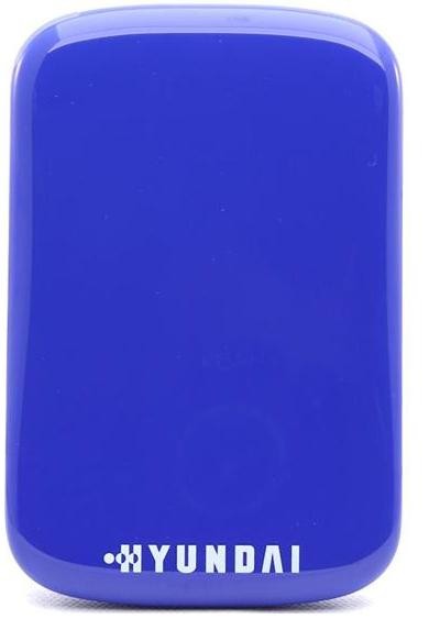 Compact blue external hard drive with a glossy finish, featuring the Hyundai logo in white at the bottom, and a storage capacity of 512 GB.