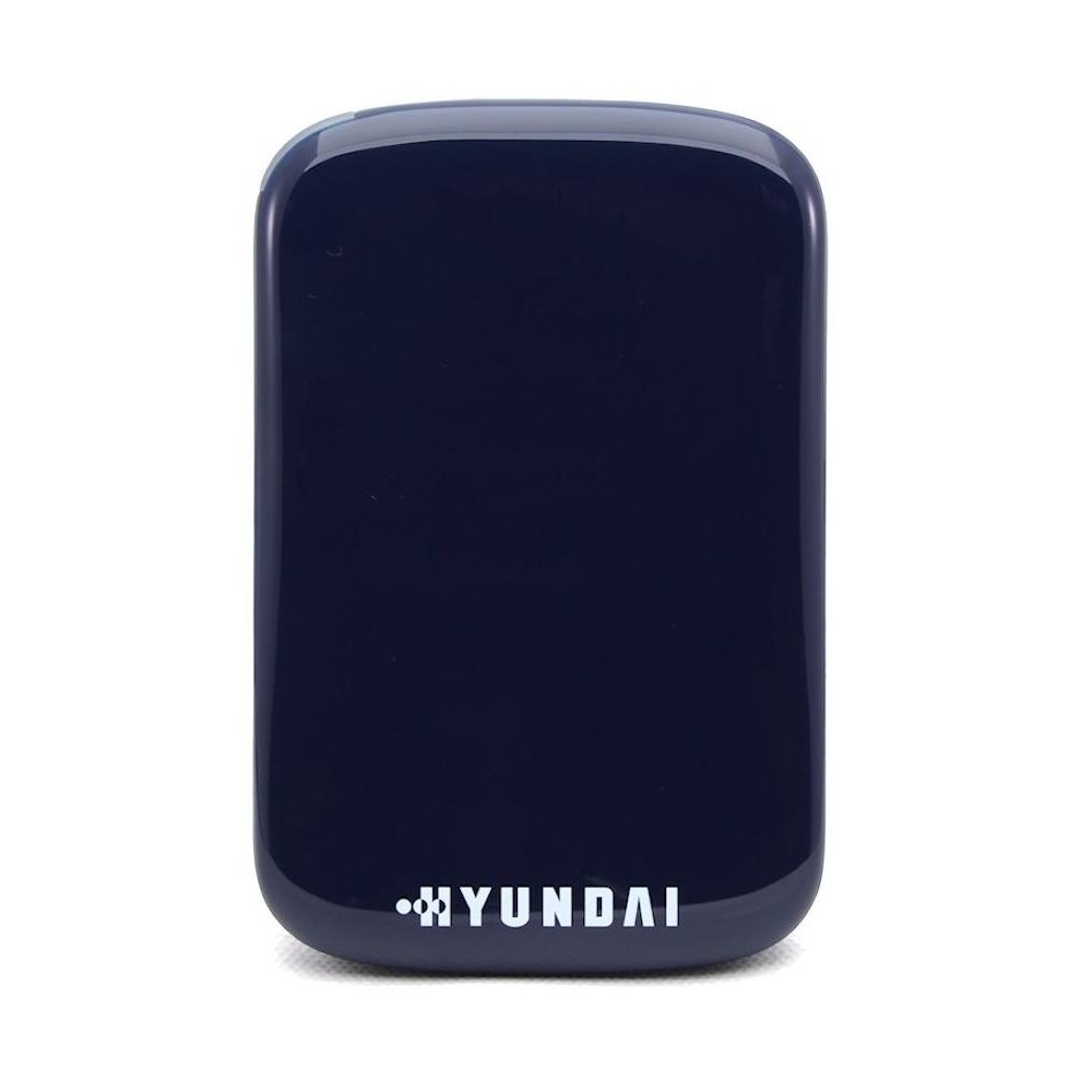 Navy blue external hard drive with a glossy finish, featuring the Hyundai logo in white at the bottom. Capacity is 512 GB, designed for portable data storage.