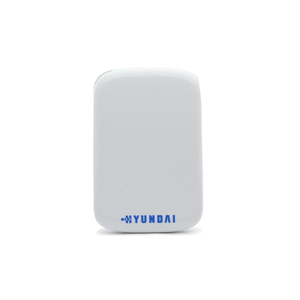 Compact white external storage device with a smooth finish, featuring "HYUNDAI" in blue at the bottom, designed for 512GB capacity.