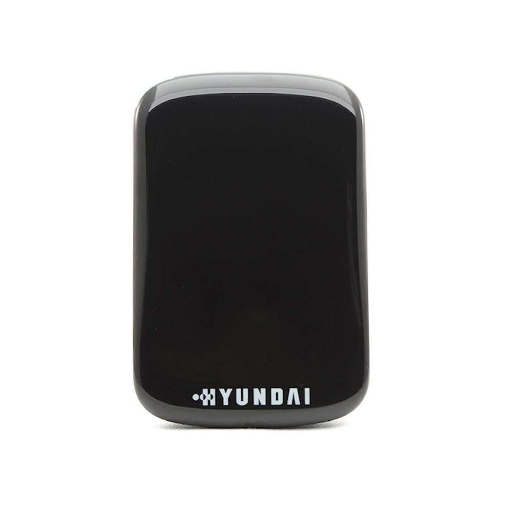 Compact black external hard drive with a glossy finish, featuring the Hyundai logo in light blue at the bottom, designed for 750 GB storage capacity.