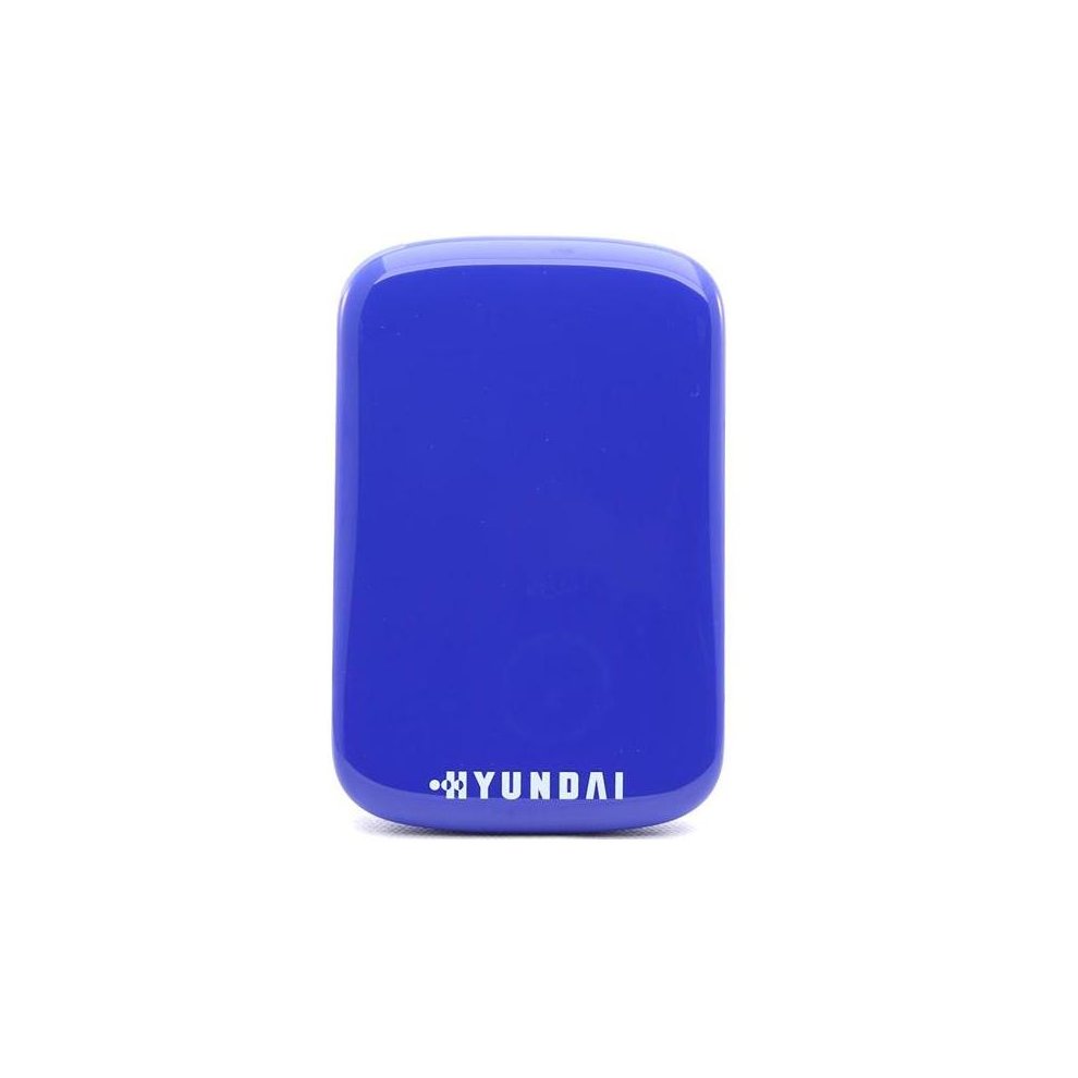 Sleek, glossy blue external hard drive with a compact design, featuring the Hyundai logo in white at the bottom.