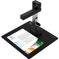 Black I.R.I.S. IRISCan Desk 6 A4 document scanner with L-shaped arm and flat base, scanning a colorful document.