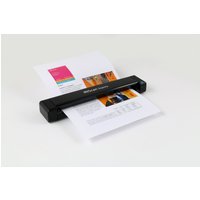 Black I.R.I.S. IRIScan Express 4 sheet-fed scanner with paper inserted, compact design, 1200 x 1200 DPI, A4 size.