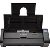 Black I.R.I.S. IRIScan Pro 5 ADF scanner with open paper tray, compact design, and control panel on the right side.