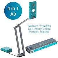 Arctic blue and silver overhead scanner with adjustable arm, 4-in-1 A3 size, featuring webcam and document camera.