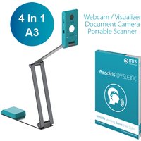 Teal overhead scanner with adjustable arm and Readiris Dyslexic 2.0 software box.