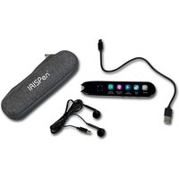 Black and white IRISPen Reader 8 pen scanner with USB cable, earbuds, and gray carrying case.