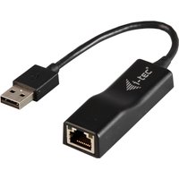 Black i-tec USB 2.0 Fast Ethernet Adapter with USB plug and Ethernet port, compact design.