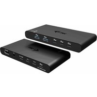 Black i-tec KVM docking station with HDMI ports, dual host support, and 2x 100W power delivery, sleek rectangular design.