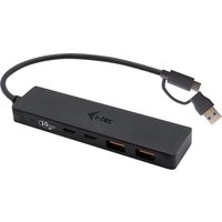 Black i-tec USB hub with 2 USB 3.0 ports, 2 USB-C ports, and attached USB-A/USB-C cable.