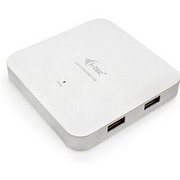 Silver square i-tec USB-C hub with four USB 3.0 ports and 60W power delivery capability.