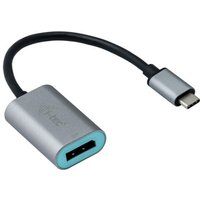 Silver i-tec USB-C to DisplayPort adapter with black cable and blue port interior.