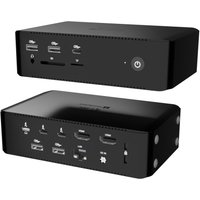 Black rectangular i-tec Thunderbolt5 docking station with multiple ports, USB slots, and power button.