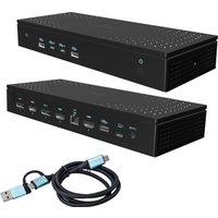 Black rectangular i-tec docking station with multiple ports, including HDMI and USB-C, plus a USB-C cable.