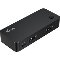 Black rectangular i-tec KVM HUB with 2 USB-C ports, 2 USB-A 3.0 ports, and a small LED indicator.