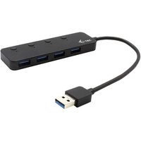 Black i-tec USB 3.0 hub with four ports, individual on/off switches, and attached USB cable.